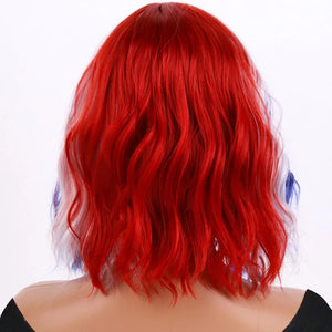 MAGQOO Blue Red White Wig Red Blue White Bob Wig 4th of July Wig Flag Wig White Red Blue with Bangs Short Curly Wavy Blue White Red Wig Cosplay Costume Wig