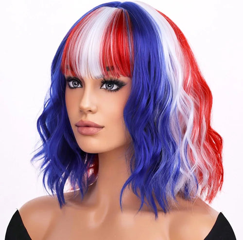 MAGQOO Blue Red White Wig Red Blue White Bob Wig 4th of July Wig Flag Wig White Red Blue with Bangs Short Curly Wavy Blue White Red Wig Cosplay Costume Wig