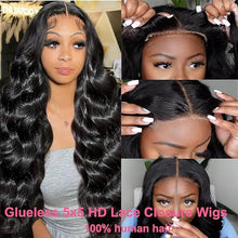 Load image into Gallery viewer, Wear and Go Glueless Wigs Human Hair 5x5 HD Lace Closure Body Wave Wig 180% Density Pre Cut Lace No Glue 5X5 Closure Wigs for Black Women Glueless Pre-plucked with Baby Hair