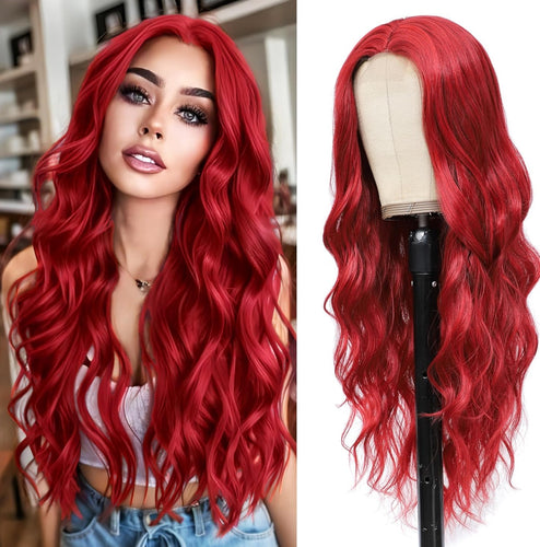 Long Red Wig for Women 26Inch Wavy Curly Wigs Synthetic Heat Resistant Hair Replacement Wig for Daily Party Halloween Costume