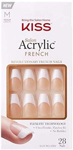 KISS Salon Acrylic French Nail Manicure Set, Medium Length, Square, “Je T'aime”, Nail Kit Includes Pink Gel Nail Glue (Net Wt. 2 g / 0.07oz.), Mini File, Manicure Stick, and 28 Fake Nails