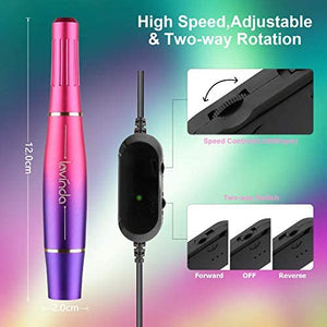 Electric Nail Drill Machine Kit, Lavinda Aurora Portable Upgraded USB Efile Set For Acrylic Gel Nails, 20000RPM with Diamond Drill Bits Nail Clipper and Brush, Home Salon Use