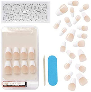 KISS Salon Acrylic French Nail Manicure Set, Medium Length, Square, “Je T'aime”, Nail Kit Includes Pink Gel Nail Glue (Net Wt. 2 g / 0.07oz.), Mini File, Manicure Stick, and 28 Fake Nails