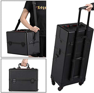 Yaheetech 3 in 1 Cosmetic Rolling Makeup Train Case Large Aluminum Trolley Makeup Travel Case Professional Rolling Cosmetic Beauty Storage, with 360° Swivel Wheels