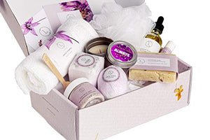 Spa Gift Set, Handmade Lavender Gift Box, Relaxing 9 pcs Package for Women, Including Soap Bar, Facial Mask, Shower Streamer, Body Oil, Lip Balm, Towel, Soy Candle & Sponge by Lizush
