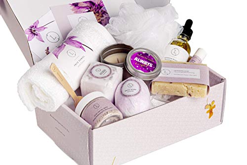 Spa Gift Set, Handmade Lavender Gift Box, Relaxing 9 pcs Package for Women, Including Soap Bar, Facial Mask, Shower Streamer, Body Oil, Lip Balm, Towel, Soy Candle & Sponge by Lizush