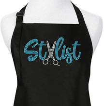 Load image into Gallery viewer, Black Hair Stylist Salon Bib Apron With Rhinestone Scissor Design For Cosmetologist or at Home Hair Cutting, 3 Pockets Long Ties and Adjustable Neck