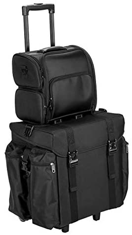 JustCase 2-In-1 Soft Sided Professional Rolling Cosmetic Organizer for Makeup Artist Tools, with 2 Clear Waterproof Pouches & Removable Shoulder Strap