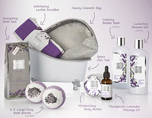 Bath Gift Basket Set for Women: Relaxing at Home Spa Kit Scented with Lavender and Jasmine - Includes Large Bath Bombs, Salts, Shower Gel, Body Butter Lotion, Bath Oil, Bubble Bath, Loofah and More