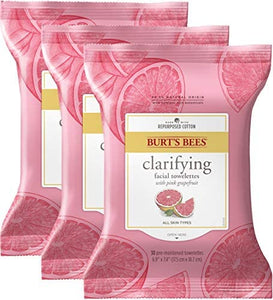 Burt's Bees Facial Cleansing Towelette Wipes for Normal to Oily Skin with Pink Grapefruit, 30 Count, Pack of 3