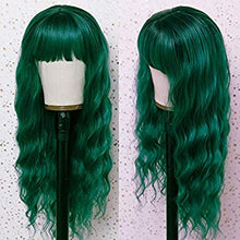 Load image into Gallery viewer, Fureya Wig with Air Bangs for Girl Synthetic Wig Loose Wave Ombre Green Hair with Black Roots Heat Resistant Hair 24 Inch for Daily Cosplay Party