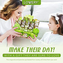 Load image into Gallery viewer, Home Spa Gift Baskets For Women - Bath and Body Gift Basket – Magnolia and Jasmine Home Spa Set, Includes Fragrant Lotions, Bath Bomb, Towel, Shower Gloves, Green Wired Bread Basket &amp; More - 13 Pc Set