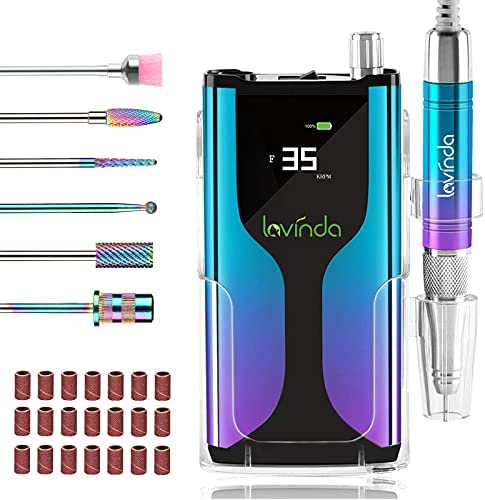 Professional Cordless Nail Drill Machine, Lavinda Rechargeable 35,000RPM Skyspace E File, Portable Electrical Nail File for Acrylic Nails with Upgrade Carbide Tungsten Drill Bits Protective Case