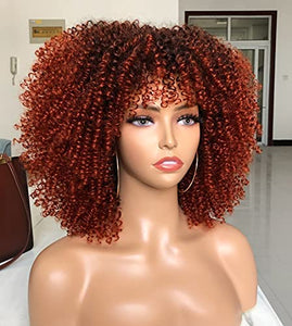 Curly Wig with Bangs for Black Women Short Kinky Curly Wigs Ombre Orange Big Full Synthetic Wig(14 Inches Ombre Orange)