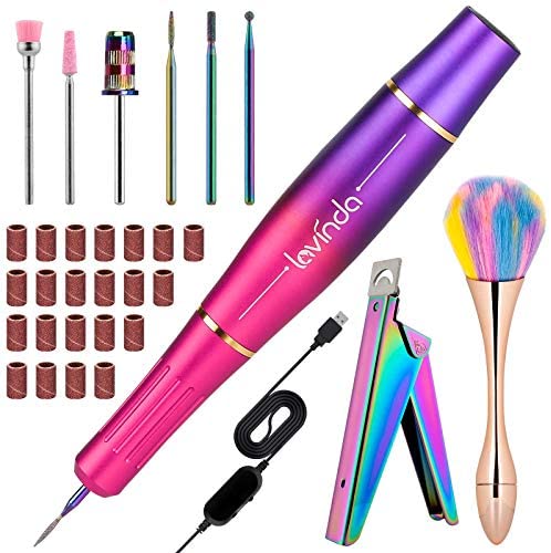 Electric Nail Drill Machine Kit, Lavinda Aurora Portable Upgraded USB Efile Set For Acrylic Gel Nails, 20000RPM with Diamond Drill Bits Nail Clipper and Brush, Home Salon Use