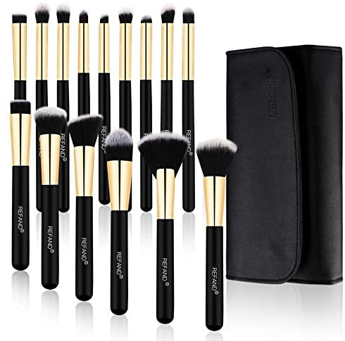 Refand Makeup Brushes, 15pcs Face Brushes Cosmetics Kabuki Foundation Powder Concealers Blending Eye Shadows Professional Make Brushes Kit with Pu Leather Storage Bag Gold Black