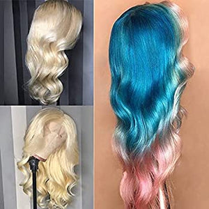 Body Wave HD Lace Front Wig Pre Plucked 150% Density Ombre Blue Colored Pink Rainbow Human Hair Wig 13x4 Lace Front Wigs with Baby Hair Glueless Brazilian Colored Wigs For Women