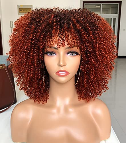 Curly Wig with Bangs for Black Women Short Kinky Curly Wigs Ombre Orange Big Full Synthetic Wig(14 Inches Ombre Orange)