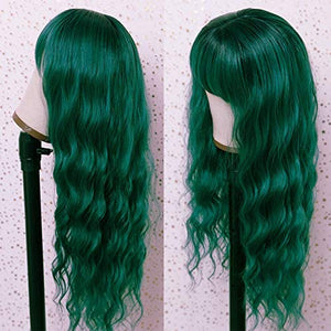 Fureya Wig with Air Bangs for Girl Synthetic Wig Loose Wave Ombre Green Hair with Black Roots Heat Resistant Hair 24 Inch for Daily Cosplay Party