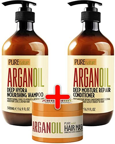 Moroccan Argan Oil Shampoo and Conditioner and Hair Mask SLS Sulfate Set Best for Damaged, Dry, Curly or Frizzy Hair - Thickening for Fine/Thin Hair