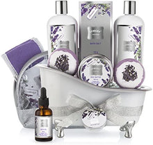 Load image into Gallery viewer, Bath Gift Basket Set for Women: Relaxing at Home Spa Kit Scented with Lavender and Jasmine - Includes Large Bath Bombs, Salts, Shower Gel, Body Butter Lotion, Bath Oil, Bubble Bath, Loofah and More