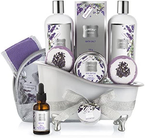 Bath Gift Basket Set for Women: Relaxing at Home Spa Kit Scented with Lavender and Jasmine - Includes Large Bath Bombs, Salts, Shower Gel, Body Butter Lotion, Bath Oil, Bubble Bath, Loofah and More
