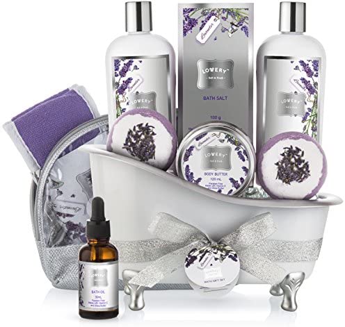 Bath Gift Basket Set for Women: Relaxing at Home Spa Kit Scented with Lavender and Jasmine - Includes Large Bath Bombs, Salts, Shower Gel, Body Butter Lotion, Bath Oil, Bubble Bath, Loofah and More