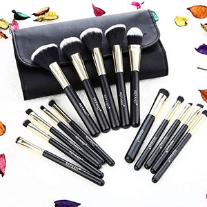 Refand Makeup Brushes, 15pcs Face Brushes Cosmetics Kabuki Foundation Powder Concealers Blending Eye Shadows Professional Make Brushes Kit with Pu Leather Storage Bag Gold Black