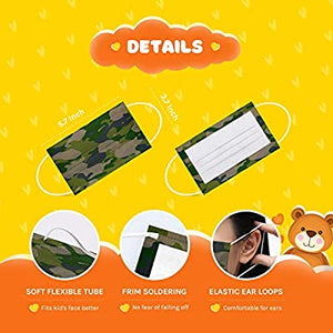 Kids Face Mask Individually Wrapped Disposable Face Mask for Kids Breathable Camo Face Cover for School and Activities, Camo Green, 20PCS