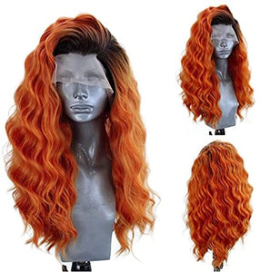 RDY Loose Body Wave Lace Front Synthetic Wig Ombre Orange Long Wavy Lace Front Wigs for Women Half Hand Tied Wig Cosplay Daily Use Heat Fiber Hair (24 Inch, Ombre Orange)