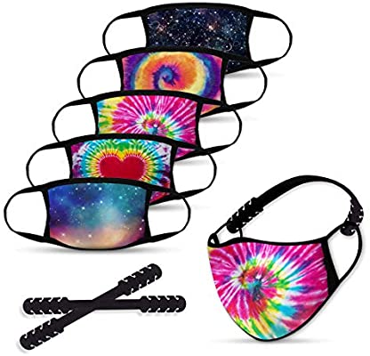 Big Kids Reusable Face Mask, 5pcs Washable Face Mask with 2 Adjustable Mask Extender Strap, Students Cloth Face Mask, Safety 2 Layers Face Cover for Teens Ages 4-12 (Kids-5PCSs-Tie Dye)