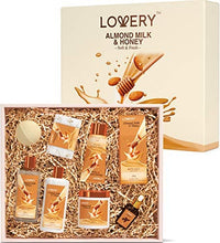 Load image into Gallery viewer, Bath Gift Set - Almond Milk and Honey Spa Kit Includes Shower Gel, Bath Bomb, Bubble Bath, Body Scrub, Salts, Body Butter, Jojoba Oil &amp; Handmade Oatmeal Soap