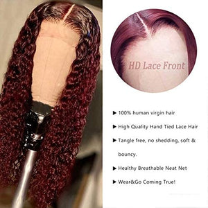 Imeya 16-24 Inch Burgundy Lace Front Wigs Human Hair Pre Plucked Natural Hairline with Baby Hair Wet and Wavy Curly Burgundy Deep Wave Wig 13x6 HD Transparent Lace Human Hair Wigs 150% Density