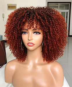 Curly Wig with Bangs for Black Women Short Kinky Curly Wigs Ombre Orange Big Full Synthetic Wig(14 Inches Ombre Orange)