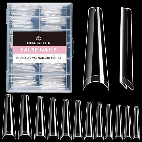 UNA GELLA Extra Long Nail Tips Coffin 200 PCS XXL Long Clear Acrylic Ballerina Nail Tips Half Cover Long False Artificial Nail Tips With Box For Nail Salons and Home DIY