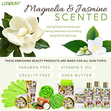 Load image into Gallery viewer, Home Spa Gift Baskets For Women - Bath and Body Gift Basket – Magnolia and Jasmine Home Spa Set, Includes Fragrant Lotions, Bath Bomb, Towel, Shower Gloves, Green Wired Bread Basket &amp; More - 13 Pc Set