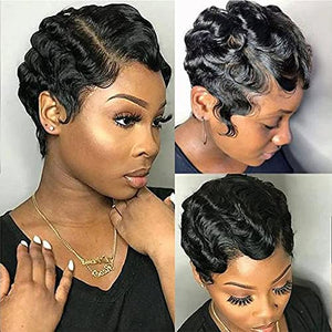 YOLANFAIRY Pixie Cut Wigs For Black Women Short Mommy Wig Brazilian Human Hair Wigs Finger Ocean Wave Wig Remy Human Hair Wig