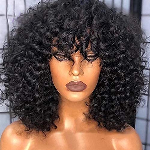 200 Density Scalp Top Curly Full Machine Made Human Hair Wigs with Bangs Remy Brazilian Short Curly Wig For Women(16-22 inches)