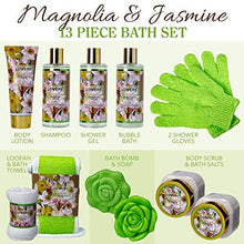 Load image into Gallery viewer, Home Spa Gift Baskets For Women - Bath and Body Gift Basket – Magnolia and Jasmine Home Spa Set, Includes Fragrant Lotions, Bath Bomb, Towel, Shower Gloves, Green Wired Bread Basket &amp; More - 13 Pc Set