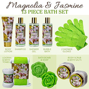 Home Spa Gift Baskets For Women - Bath and Body Gift Basket – Magnolia and Jasmine Home Spa Set, Includes Fragrant Lotions, Bath Bomb, Towel, Shower Gloves, Green Wired Bread Basket & More - 13 Pc Set