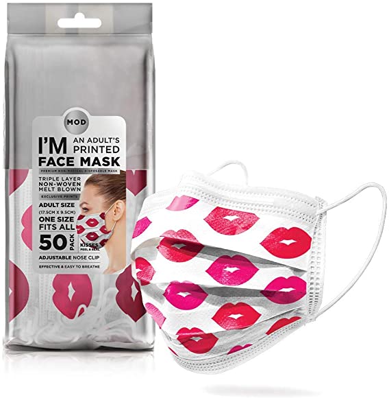 MOD Disposable Face Mask Adults, Children, 50-Pack, Printed, Hypoallergenic