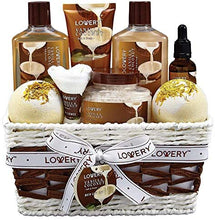 Load image into Gallery viewer, Bath and Body Gift Basket For Women and Men – 9 Piece Set of Vanilla Coconut Home Spa Set, Includes Fragrant Lotions, Extra Large Bath Bombs, Coconut Oil, Luxurious Bath Towel &amp; More