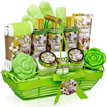 Load image into Gallery viewer, Home Spa Gift Baskets For Women - Bath and Body Gift Basket – Magnolia and Jasmine Home Spa Set, Includes Fragrant Lotions, Bath Bomb, Towel, Shower Gloves, Green Wired Bread Basket &amp; More - 13 Pc Set