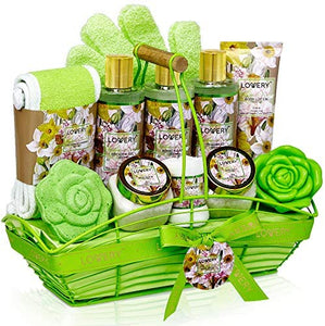 Home Spa Gift Baskets For Women - Bath and Body Gift Basket – Magnolia and Jasmine Home Spa Set, Includes Fragrant Lotions, Bath Bomb, Towel, Shower Gloves, Green Wired Bread Basket & More - 13 Pc Set