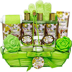 Home Spa Gift Baskets For Women - Bath and Body Gift Basket – Magnolia and Jasmine Home Spa Set, Includes Fragrant Lotions, Bath Bomb, Towel, Shower Gloves, Green Wired Bread Basket & More - 13 Pc Set
