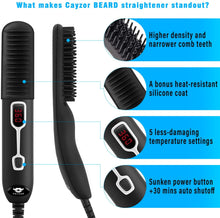 Load image into Gallery viewer, Cayzor Beard Straightener Comb for Men - Upgraded Professional Electric Mens Beard Straightening Heated Brush Portable Anti-Scald 5 Adjustable Temperatures &amp; LCD Display with Carrying Bag