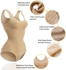 Women Waist Trainer Bodysuit Slim Full Body Shapewear Seamless Round Neck Jumpsuits Tummy Control Tops