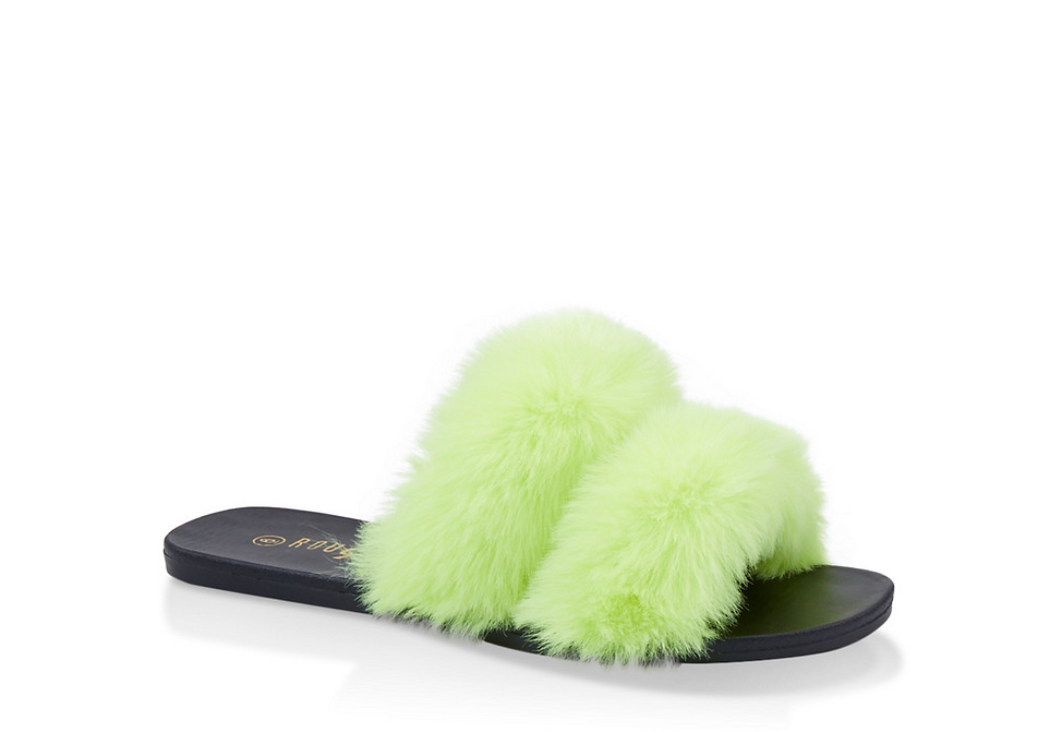 Double Faux Fur Strap Slide Sandals