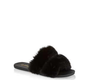 Double Faux Fur Strap Slide Sandals